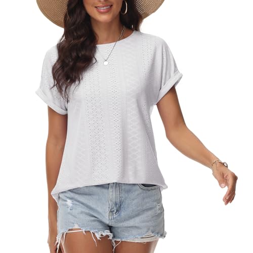 Damen T-Shirt Lochstickerei Bügelfrei Rundhalsausschnitt Oberteile Sommer Frühling Modische Kleidung 2024 Lässige Kurzarmbluse Weiß L von Tanmolo