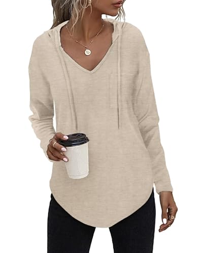 Kapuzenpullover Damen Leichter Pullover Hoodie Sweatshirs mit Taschen für den Herbst Beige, 3XL von Tanmolo