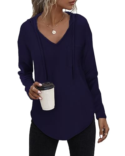 Kapuzenpullover Damen Leichter Pullover Hoodie Sweatshirs mit Taschen für den Herbst Dunkelblau, L von Tanmolo