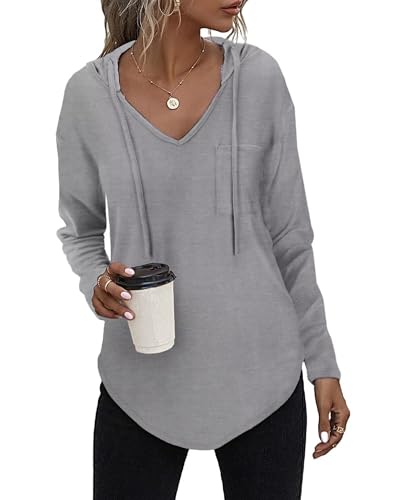 Kapuzenpullover Damen Leichter Pullover Hoodie Sweatshirs mit Taschen für den Herbst Grau, L von Tanmolo