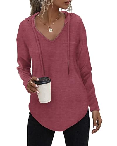 Kapuzenpullover Damen Leichter Pullover Hoodie Sweatshirs mit Taschen für den Herbst Weißdornrot, 3XL von Tanmolo