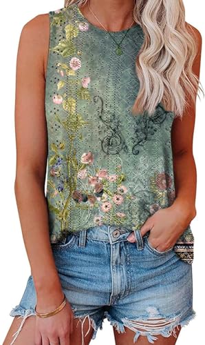 Tank Top Damen Ist Bügelfrei Ärmellose Blusen Sommer Lässiges Basic Oberteile Grüne Blume XXL von Tanmolo