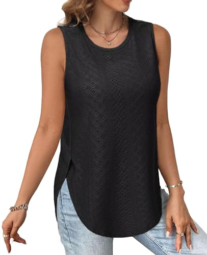 Tanmolo Ärmelloses Tank Top Damen Rundhals Sommer Oberteil Seitenschlitz Lochmuster Freizeit Urlaub L Schwarz von Tanmolo