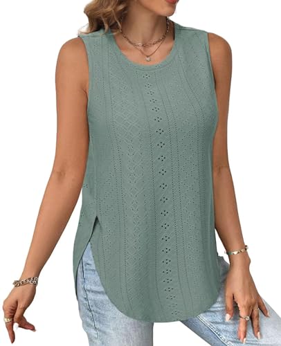Tanmolo Ärmelloses Tank Top Damen Rundhals Sommer Oberteil Seitenschlitz Lochmuster Freizeit Urlaub XL Bohnengrün von Tanmolo