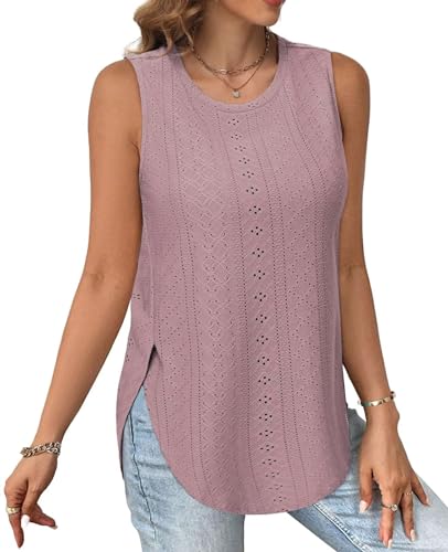 Tanmolo Ärmelloses Tank Top Damen Rundhals Sommer Oberteil Seitenschlitz Lochmuster Freizeit Urlaub XL Graurosa von Tanmolo