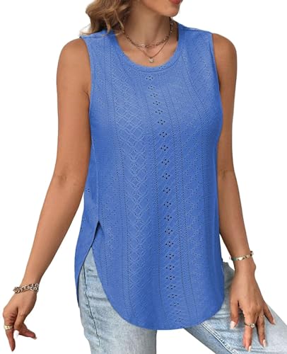 Tanmolo Ärmelloses Tank Top Damen Rundhals Sommer Oberteil Seitenschlitz Lochmuster Freizeit Urlaub XL Kobaltblau von Tanmolo