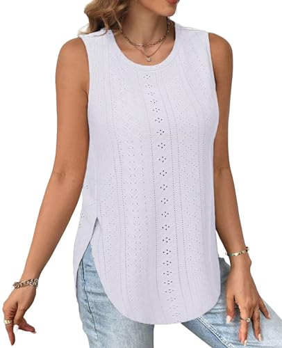 Tanmolo Ärmelloses Tank Top Damen Rundhals Sommer Oberteil Seitenschlitz Lochmuster Freizeit Urlaub XL Weiß von Tanmolo