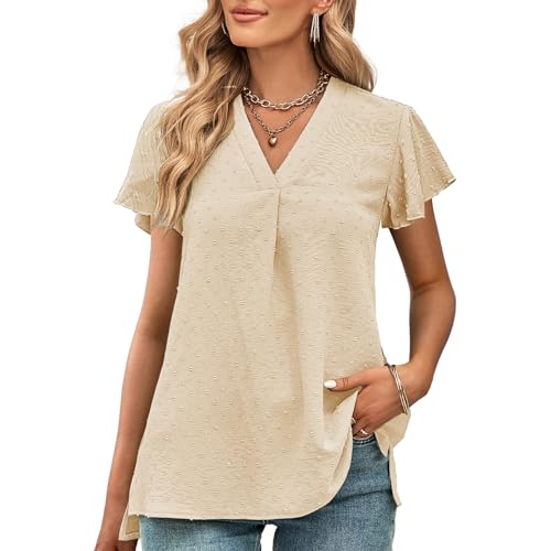 Tanmolo Bluse Damen Kurze Ärmel mit V-Ausschnitt Elegant Oberteile Casual Swiss Dot Tops Tunika Aprikose, L von Tanmolo