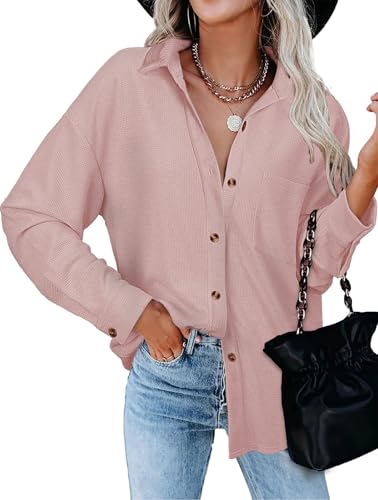 Tanmolo Bluse Damen Langarm Hemdjacke Elegant Hemdbluse Baumwolle Langarmshirt Blusen Waffelbluse Lässig Oberteile Tops mit Knöpfen Hemd Altrosa, XL von Tanmolo