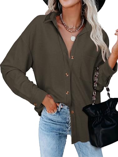 Tanmolo Bluse Damen Langarm Hemdjacke Elegant Hemdbluse Baumwolle Langarmshirt Blusen Waffelbluse Lässig Oberteile Tops mit Knöpfen Hemd Armeegrün, XXL von Tanmolo