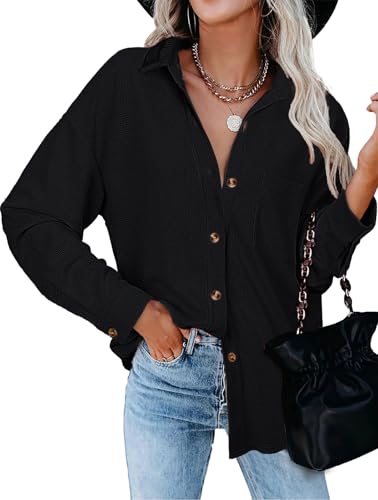 Tanmolo Bluse Damen Langarm Hemdjacke Elegant Hemdbluse Baumwolle Langarmshirt Blusen Waffelbluse Lässig Oberteile Tops mit Knöpfen Hemd Schwarz, L von Tanmolo