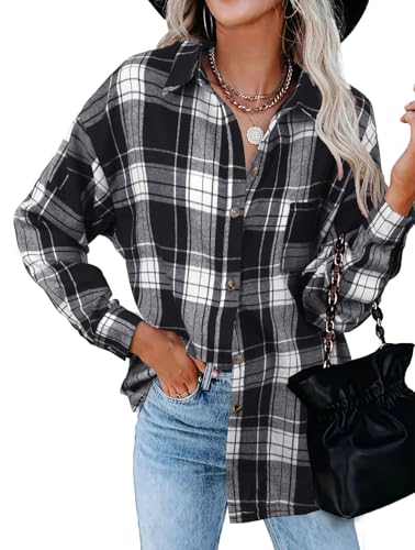 Tanmolo Bluse Damen Langarm Hemdjacke Elegant Hemdbluse Baumwolle Langarmshirt Blusen Waffelbluse Lässig Oberteile Tops mit Knöpfen Hemd Schwarz-Weiß Kariert, M von Tanmolo