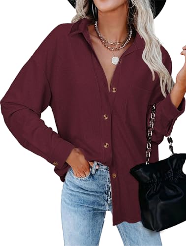 Tanmolo Bluse Damen Langarm Hemdjacke Elegant Hemdbluse Baumwolle Langarmshirt Blusen Waffelbluse Lässig Oberteile Tops mit Knöpfen Hemd Weinrot, XXL von Tanmolo
