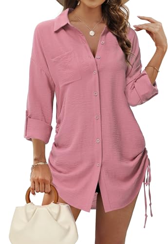 Tanmolo Bluse Damen Longbluse V-Ausschnitt Hemdbluse Langarm Tunika mit Kordelzug Lässiges Langarmshirt zum Knöpfen Casual Aufrollen Tops Dunkelrosa L von Tanmolo