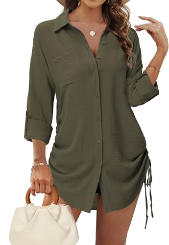 Tanmolo Bluse Damen Longbluse V-Ausschnitt Hemdbluse Langarm Tunika mit Kordelzug Lässiges Langarmshirt zum Knöpfen Casual Aufrollen Tops Olivgrün XL von Tanmolo