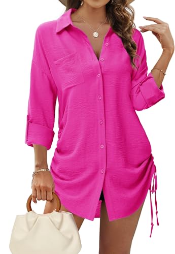Tanmolo Bluse Damen Longbluse V-Ausschnitt Hemdbluse Langarm Tunika mit Kordelzug Lässiges Langarmshirt zum Knöpfen Casual Aufrollen Tops Rosarot M von Tanmolo