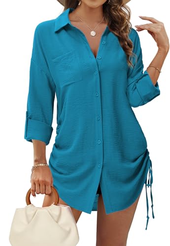 Tanmolo Bluse Damen Longbluse V-Ausschnitt Hemdbluse Langarm Tunika mit Kordelzug Lässiges Langarmshirt zum Knöpfen Casual Aufrollen Tops Türkis XXL von Tanmolo