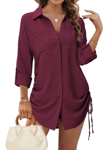 Tanmolo Bluse Damen Longbluse V-Ausschnitt Hemdbluse Langarm Tunika mit Kordelzug Lässiges Langarmshirt zum Knöpfen Casual Aufrollen Tops Weinrot M von Tanmolo