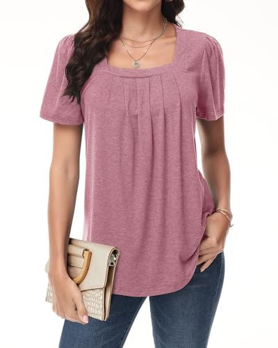 Tanmolo Bluse Damen Sommer Top Elegante T-Shirt Kurzarm Tunika Lässig Oberteile Quadratischer Ausschnitt Tops Puff Kurze Ärmel Rosa, 3XL von Tanmolo