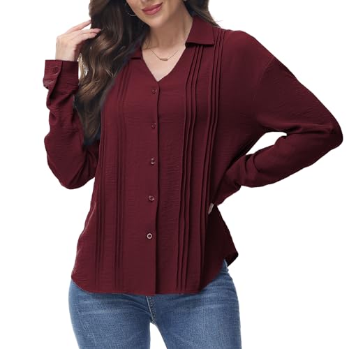 Tanmolo Bluse Damen mit Knopfleiste Lässiges Hemd mit V-Ausschnitt Plissierte Oberteil Langarmshirt Elegant Hemdbluse Weinrot, M von Tanmolo