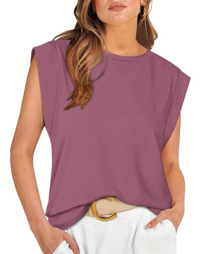 Tanmolo Damen Basic T-Shirt Tank Tops Casual Sommer Tops Kappenärmel Sommer Bluse Lässig Lockere Passform Blusen 2024 Neu Altrosa, M von Tanmolo
