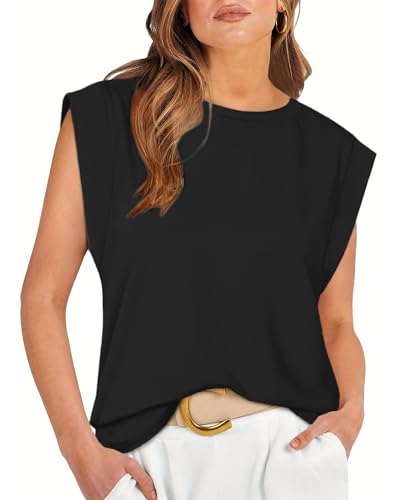 Tanmolo Damen Basic T-Shirt Tank Tops Casual Sommer Tops Kappenärmel Sommer Bluse Lässig Lockere Passform Blusen 2024 Neu Schwarz, L von Tanmolo