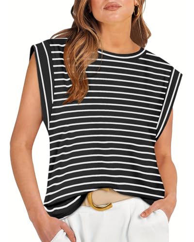 Tanmolo Damen Basic T-Shirt Tank Tops Casual Sommer Tops Kappenärmel Sommer Bluse Lässig Lockere Passform Blusen 2024 Neu Schwarz Gestreift, M von Tanmolo