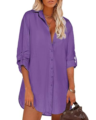 Tanmolo Damen Baumwolle Bluse V-Ausschnitt 3/4 Ärmel Lässiges Hemd zum Knöpfen Langarmshirt Casual Oberteile Tops (Dunkles Violett,M) von Tanmolo