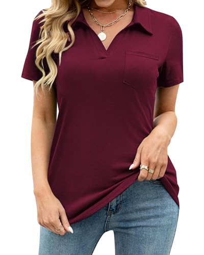 Tanmolo Damen Bluse Elegant V-Ausschnitt Polo T-Shirt Kurzarm Baumwolle Poloshirt Freizeitshirt Damen-Oberteile Weinrot, L von Tanmolo