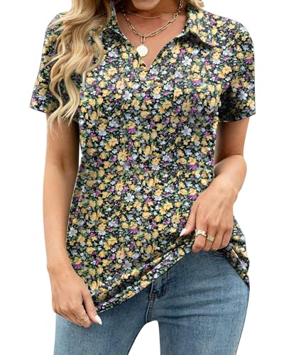 Tanmolo Damen Bluse Elegant V-Ausschnitt Polo T-Shirt Kurzarm Poloshirt Freizeitshirt Damen-Oberteile Kleine Blumen Gelb, L von Tanmolo