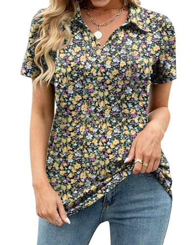 Tanmolo Damen Bluse Elegant V-Ausschnitt Polo T-Shirt Kurzarm Poloshirt Freizeitshirt Damen-Oberteile Kleine Blumen Gelb, S von Tanmolo