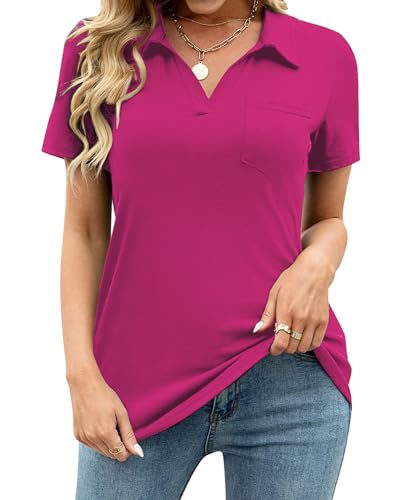 Tanmolo Damen Bluse Elegant V-Ausschnitt Polo T-Shirt Kurzarm Poloshirt Freizeitshirt Damen-Oberteile Rosarot, L von Tanmolo