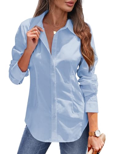 Tanmolo Damen Bluse Sommer Hemdbluse Baumwolle Hemd mit Abnähern Reverskragen Business Blusen mit Knopfleiste Elegante V-Ausschnitt Blusenshirt Tops Himmelblau M von Tanmolo