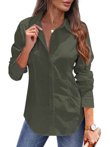 Tanmolo Damen Bluse Sommer Hemdbluse Baumwolle Hemd mit Abnähern Reverskragen Business Blusen mit Knopfleiste Elegante V-Ausschnitt Blusenshirt Tops Olivgrün XXL von Tanmolo