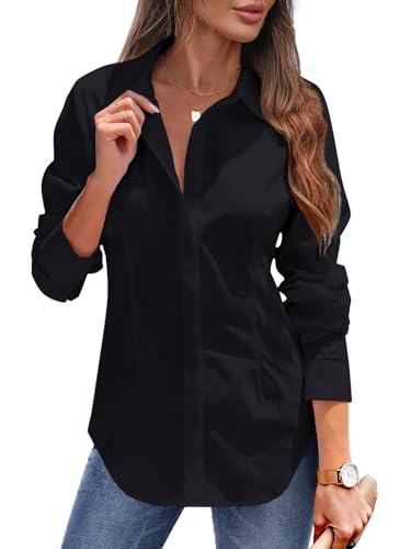 Tanmolo Damen Bluse Sommer Hemdbluse Baumwolle Hemd mit Abnähern Reverskragen Business Blusen mit Knopfleiste Elegante V-Ausschnitt Blusenshirt Tops Schwarz L von Tanmolo