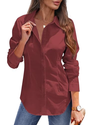 Tanmolo Damen Bluse Sommer Hemdbluse Baumwolle Hemd mit Abnähern Reverskragen Business Blusen mit Knopfleiste Elegante V-Ausschnitt Blusenshirt Tops Weinrot XXL von Tanmolo