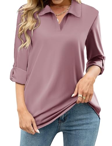 Tanmolo Damen Bluse V-Ausschnitt 3/4 Ärmel Hemd Elegant Langarm Casual Oberteile Aufrollbaren Ärmeln Locker Blusen (Altrosa,M) von Tanmolo