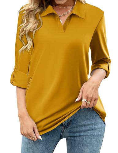 Tanmolo Damen Bluse V-Ausschnitt 3/4 Ärmel Hemd Elegant Langarm Casual Oberteile Aufrollbaren Ärmeln Locker Blusen (Gelb,M) von Tanmolo