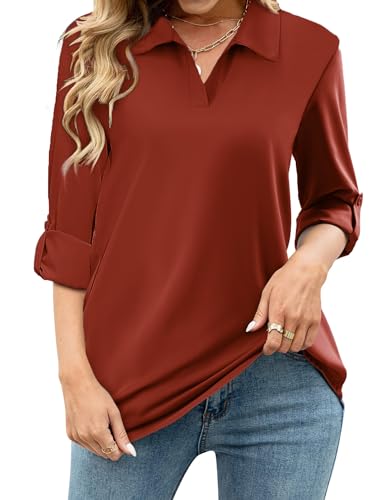 Tanmolo Damen Bluse V-Ausschnitt 3/4 Ärmel Hemd Elegant Langarm Casual Oberteile Aufrollbaren Ärmeln Locker Blusen (Karamel,3XL) von Tanmolo