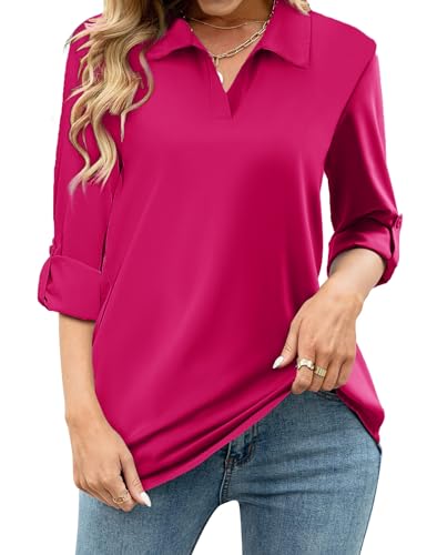 Tanmolo Damen Bluse V-Ausschnitt 3/4 Ärmel Hemd Elegant Langarm Casual Oberteile Aufrollbaren Ärmeln Locker Blusen (Rosenrot,L) von Tanmolo