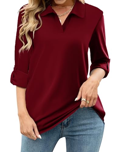 Tanmolo Damen Bluse V-Ausschnitt 3/4 Ärmel Hemd Elegant Langarm Casual Oberteile Aufrollbaren Ärmeln Locker Blusen (Weinrot,XL) von Tanmolo