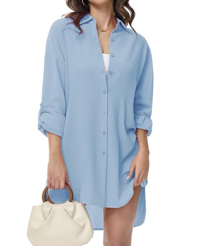 Tanmolo Damen Bluse V-Ausschnitt Hemdbluse Langarm Lässiges Hemd zum Knöpfen Langarmshirt Casual Oberteile Aufrollen Tops (Hellblau,3XL) von Tanmolo