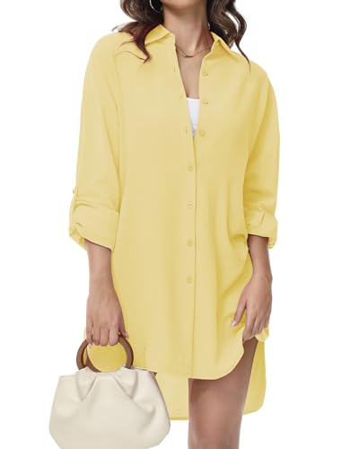 Tanmolo Damen Bluse V-Ausschnitt Hemdbluse Langarm Lässiges Hemd zum Knöpfen Langarmshirt Casual Oberteile Aufrollen Tops (Hellgelb,S) von Tanmolo