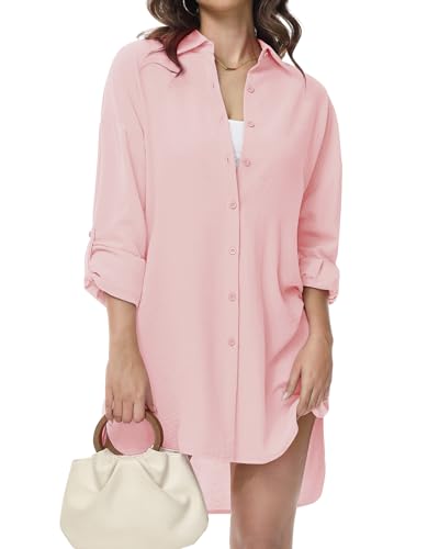 Tanmolo Damen Bluse V-Ausschnitt Hemdbluse Langarm Lässiges Hemd zum Knöpfen Langarmshirt Casual Oberteile Aufrollen Tops (Hellrosa,M) von Tanmolo