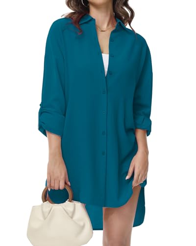 Tanmolo Damen Bluse V-Ausschnitt Hemdbluse Langarm Lässiges Hemd zum Knöpfen Langarmshirt Casual Oberteile Aufrollen Tops (Türkis,L) von Tanmolo