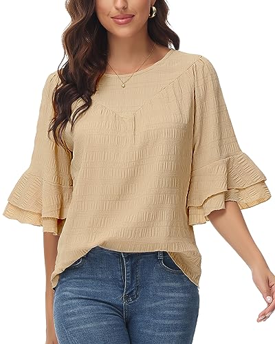 Tanmolo Damen Elegant Bluse 3/4 Ärmel Rüschen Lässige Oberteile Lose Rundhals Tunika Shirt Casual Tops Aprikose, XXL von Tanmolo