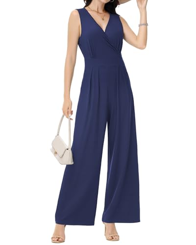 Tanmolo Damen Jumpsuit Elegant Festlich Sommer Ärmellos Overall Weites Bein Romper Mit Taschen Kurz Navy Blau, XXL von Tanmolo