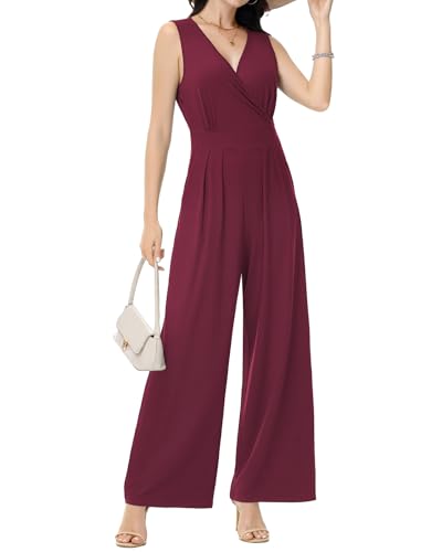 Tanmolo Damen Jumpsuit Elegant Festlich Sommer Ärmellos Overall Weites Bein Romper Mit Taschen Kurz Weinrot, XXL von Tanmolo