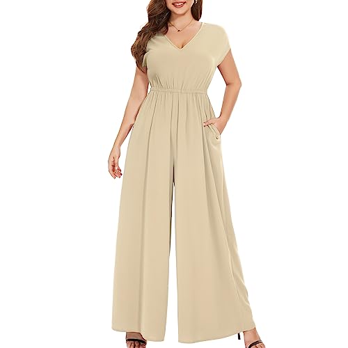 Tanmolo Damen Jumpsuit Elegant Sommer Ärmellos V-Ausschnitt Overall Weites Bein Romper Mit Taschen (Aprikose, S) von Tanmolo