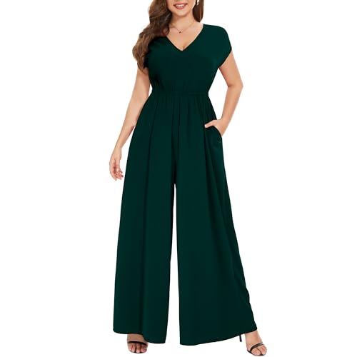 Tanmolo Damen Jumpsuit Elegant Sommer Ärmellos V-Ausschnitt Overall Weites Bein Romper Mit Taschen (Dunkelgrün, 2XL) von Tanmolo